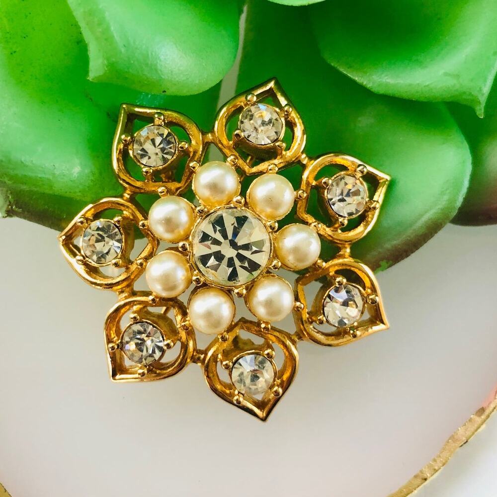 Vintage 1960 Sarah Coventry Rhinestone & Pearl Starlit Trio Pin Brooch - Picture 2 of 7